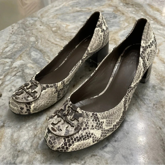 Tory Burch Chunky Heel Shoes Women's 8.5 M Gray Leather Snakeskin Print - Picture 1 of 15